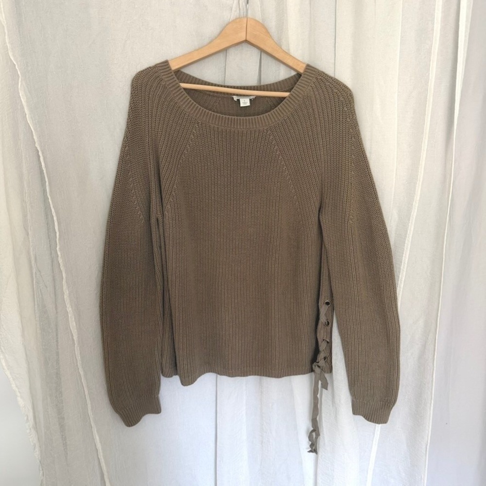 Sundance Sweater Women Large Taupe Cotton Shaker Knit Lace Up Side Boho Pullover